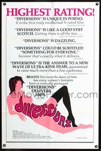 3g225 DIVERSIONS one-sheet movie poster '76 x-rated, cool sexy art design of title over nude woman!