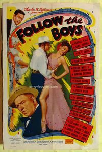 3g285 FOLLOW THE BOYS 1sheet R49 different images of Orson Welles, W.C. Fields & Marlene Dietrich!