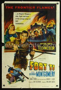 3g295 FORT TI one-sheet poster '53 Fort Ticonderoga, George Montgomery, raging frontier flames art!