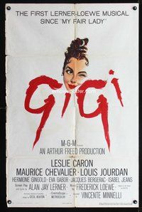 3g311 GIGI one-sheet movie poster '58 cool artwork of Leslie Caron, Best Director & Picture winner!