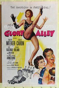 3g318 GLORY ALLEY 1sh '52 boxer Ralph Meeker, sexy Leslie Caron + Louis Armstrong playing trumpet!