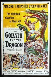 3g324 GOLIATH & THE DRAGON one-sheet '60 cool fantasy art of Mark Forest battling the giant beast!