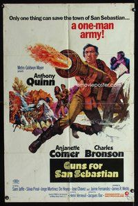 3g334 GUNS FOR SAN SEBASTIAN one-sheet '68 artwork of one-man army Anthony Quinn as he fires cannon!
