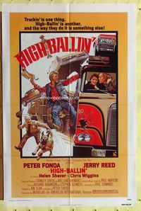 3g362 HIGH-BALLIN' one-sheet '78 wacky Drew Struzan art of Peter Fonda & Jerry Reed as truckers!