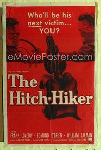 3g365 HITCH-HIKER one-sheet '53 classic POV image of hitchhiker in back seat pointing gun at front!