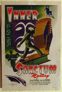3g397 INNER SANCTUM 1sheet '48 really cool art of murdered man standing on book by radio microphone!