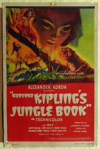 3g419 JUNGLE BOOK one-sheet R47 Rudyard Kipling, cool art of Sabu fighting off tiger Shere-Kahn!