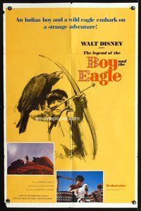 3g457 LEGEND OF THE BOY & THE EAGLE 1sheet '67 Walt Disney, cool art of boy w/bow & perched eagle!