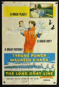 3g472 LONG GRAY LINE one-sheet poster '54 Tyrone Power carries Maureen O'Hara, cool marching band!