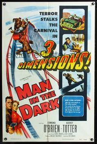 3g482 MAN IN THE DARK one-sheet poster '53 really cool 3-D art of men fighting on rollercoaster!