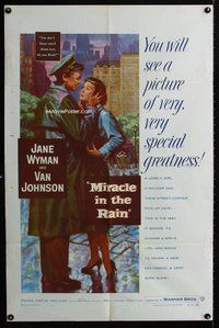 3g519 MIRACLE IN THE RAIN one-sheet poster '56 great art of Jane Wyman & Van Johnson in the rain!
