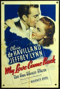 3g559 MY LOVE CAME BACK one-sheet '40 great romantic art of Olivia de Havilland & Jeffrey Lynn!