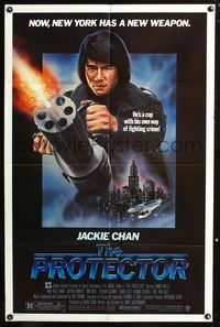3g659 PROTECTOR one-sheet movie poster '85 Danny Aiello, R. Obero art of Jackie Chan huge gun!