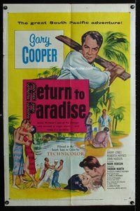 3g690 RETURN TO PARADISE one-sheet poster '53 art of Gary Cooper, from James A. Michener's story!