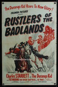 3g714 RUSTLERS OF THE BAD LANDS 1sh '44 Charles Starrett, Tex Harding, Dub Taylor, cool cowboy art!