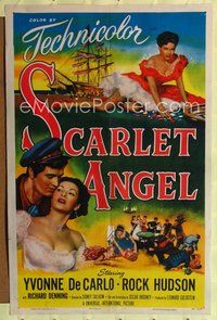 3g728 SCARLET ANGEL one-sheet '52 artwork of sailor Rock Hudson & sexy gambling Yvonne DeCarlo!