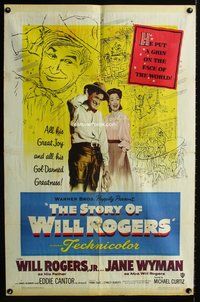 3g803 STORY OF WILL ROGERS one-sheet poster '52 Will Rogers Jr. as his father, Jane Wyman, cool art!