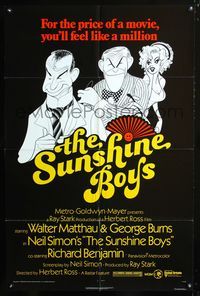 3g818 SUNSHINE BOYS 1sh '75 great Al Hirschfeld art of George Burns, Walter Matthau & Lee Meredith!