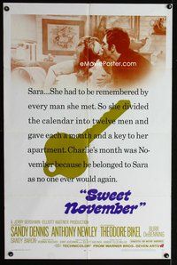 3g827 SWEET NOVEMBER one-sheet movie poster '68 Sandy Dennis kisses Anthony Newley!