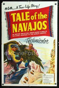 3g835 TALE OF THE NAVAJOS one-sheet '48 cool artwork of cowboy & Native American going over a cliff!