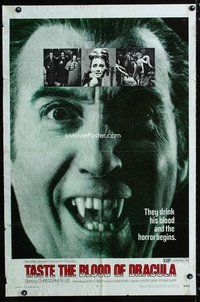 3g843 TASTE THE BLOOD OF DRACULA one-sheet '70 best wacky close up of vampire Christopher Lee!