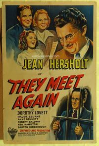 3g864 THEY MEET AGAIN one-sheet poster R46 stone litho of smiling Jean Hersholt & man behind bars!