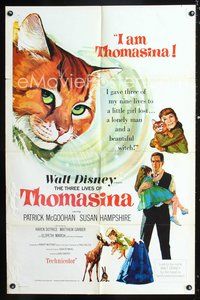 3g873 THREE LIVES OF THOMASINA one-sheet movie poster '64 Walt Disney, great art of smiling cat!