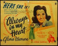 3h318 ALWAYS IN MY HEART half-sheet movie poster '42 first Gloria Warren, Kay Francis, Walter Huston