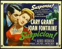 3h630 SUSPICION half-sheet R53 Hitchcock, great close up art of Cary Grant & pretty Joan Fontaine!