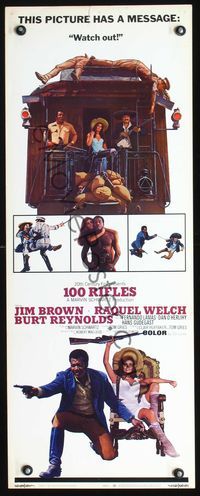 3j301 100 RIFLES insert '69 great image of Jim Brown, sexy Raquel Welch & Burt Reynolds on train!