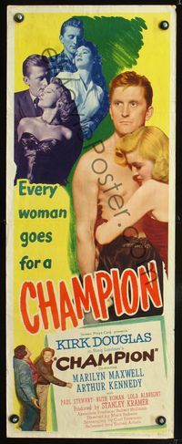 3j384 CHAMPION insert movie poster '49 Kirk Douglas with three different women, boxing classic!