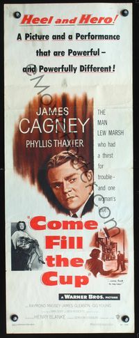 3j394 COME FILL THE CUP insert movie poster '51 close up artwork of alcoholic James Cagney!