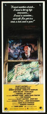 3j444 FAREWELL MY LOVELY insert '75 cool David McMacken art of Robert Mitchum smoking in window!