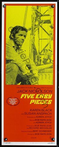 3j455 FIVE EASY PIECES insert poster '70 great close up of Jack Nicholson, directed by Bob Rafelson!