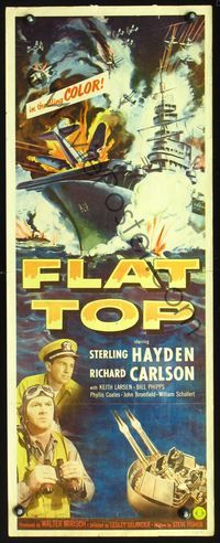 3j458 FLAT TOP insert movie poster '52 Sterling Hayden, cool art of World War II ship under fire!