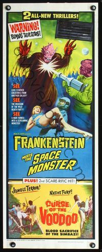 3j465 FRANKENSTEIN MEETS SPACE MONSTER/CURSE OF VOODOO insert '65 cool artwork of alien monsters!