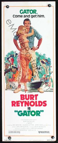 3j473 GATOR insert '76 art of Burt Reynolds & Lauren Hutton by McGinnis, White Lightning sequel!