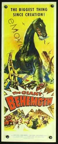 3j477 GIANT BEHEMOTH insert '59 cool art of massive brontosaurus dinosaur monster smashing city!