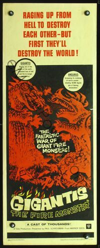 3j479 GIGANTIS THE FIRE MONSTER insert '59 cool artwork of Godzilla breathing flames at Angurus!