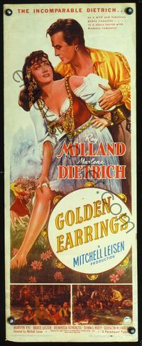 3j490 GOLDEN EARRINGS insert '47 full-length art of sexy gypsy Marlene Dietrich & Ray Milland!