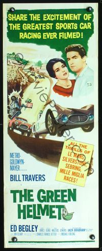 3j495 GREEN HELMET insert movie poster '61 Bill Travers, great Le Mans sports car racing artwork!