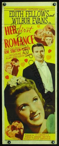 3j505 HER FIRST ROMANCE insert movie poster '40 super close up of Edith Fellows, Wilbur Evans in tux