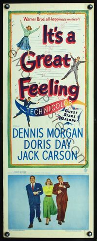3j541 IT'S A GREAT FEELING insert poster '49 great image of Doris Day, Dennis Morgan, & Jack Carson!