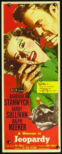 3j543 JEOPARDY insert poster '53 Barbara Stanwyck struggles with kidnapper Ralph Meeker, film noir!