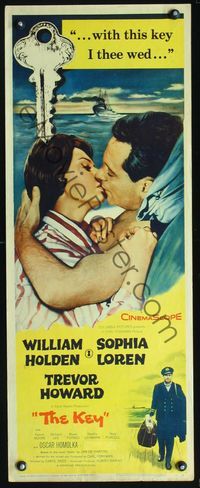 3j552 KEY insert poster '58 Carol Reed, close up kiss art of William Holden & sexy Sophia Loren!