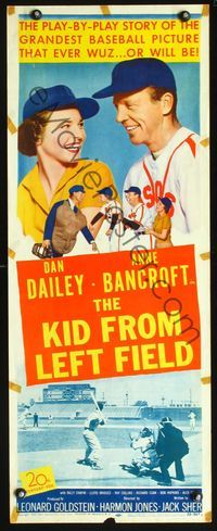 3j554 KID FROM LEFT FIELD insert movie poster '53 Dan Dailey, Anne Bancroft, great baseball scenes!