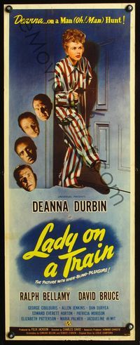 3j564 LADY ON A TRAIN insert poster '45 detective Deanna Durbin in pajamas with gun on a manhunt!