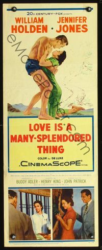 3j592 LOVE IS A MANY-SPLENDORED THING insert '55 romantic art of William Holden & Jennifer Jones!