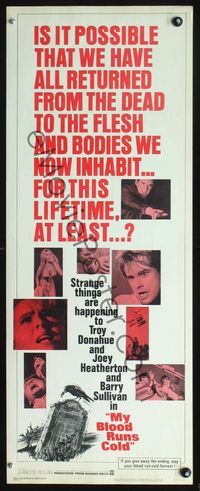 3j627 MY BLOOD RUNS COLD insert poster '65 Troy Donahue, Joey Heatherton, is reincarnation possible?