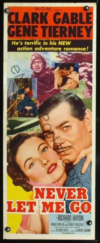 3j633 NEVER LET ME GO insert movie poster '53 close-up of romantic Clark Gable & Gene Tierney!